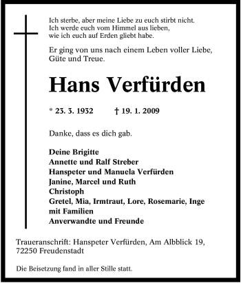 Traueranzeige von Hans Verfürden von Tageszeitung