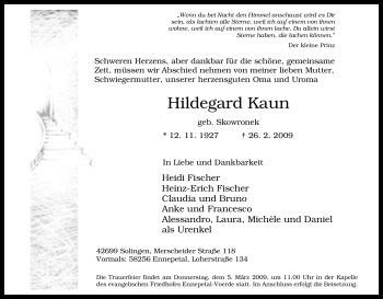 Traueranzeige von Hildegard Kaun von Tageszeitung