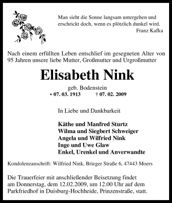 Traueranzeige von Elisabeth Nink von Tageszeitung