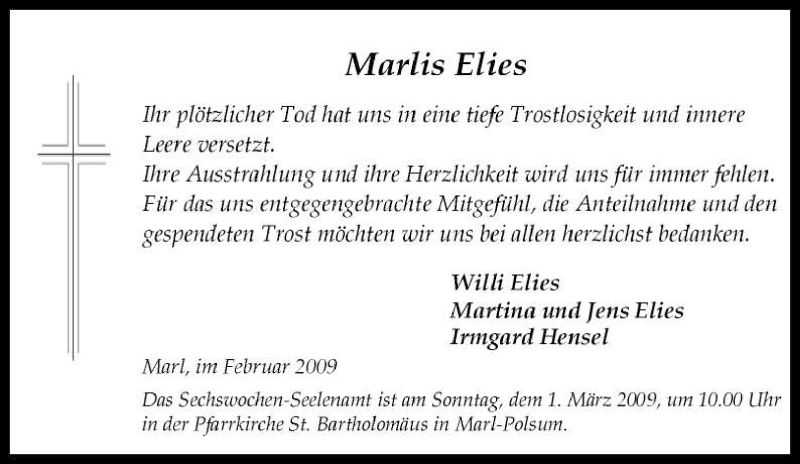  Traueranzeige für Marlis Elies vom 25.02.2009 aus Tageszeitung
