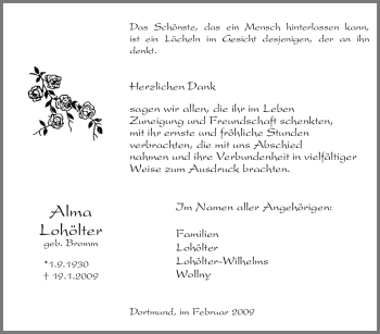 Traueranzeige von Alma Lohölter von Tageszeitung