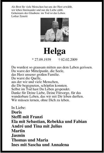 Traueranzeige von Helga Unbekannt von Tageszeitung