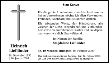 Traueranzeige von Heinrich Liefländer von Tageszeitung