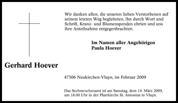 Traueranzeige von Gerhard Hoever von Tageszeitung