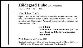 Traueranzeige von Hildegard Lüke von Tageszeitung