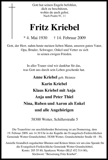Traueranzeige von Fritz Kriebel von Tageszeitung