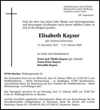 Traueranzeige von Elisabeth Kayser von Tageszeitung