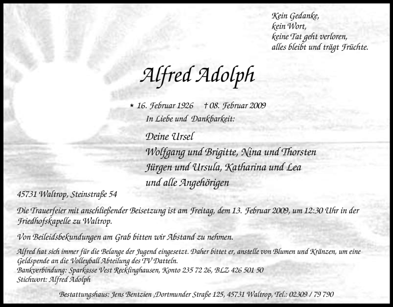  Traueranzeige für Alfred Adolph vom 10.02.2009 aus Tageszeitung