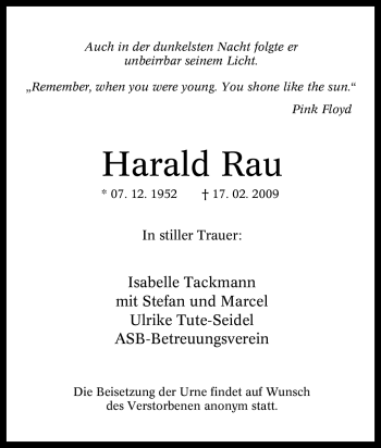 Traueranzeige von Harald Rau von Tageszeitung
