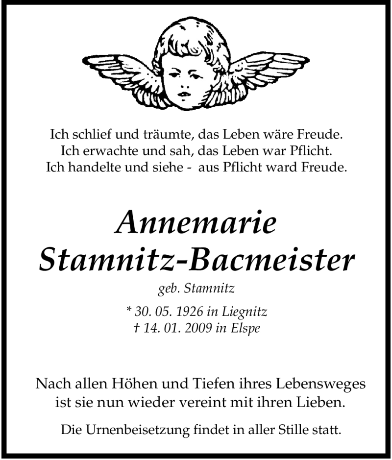  Traueranzeige für Annemarie Stamnitz-Bacmeister vom 06.02.2009 aus Tageszeitung