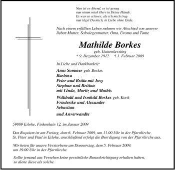 Traueranzeige von Mathilde Borkes von Tageszeitung
