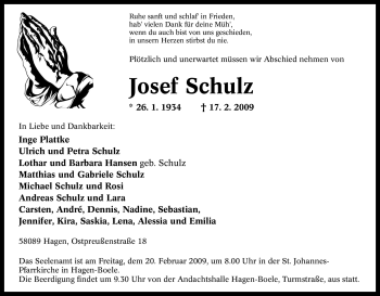 Traueranzeige von Josef Schulz von Tageszeitung