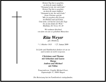 Traueranzeige von Rita Weyer von Tageszeitung