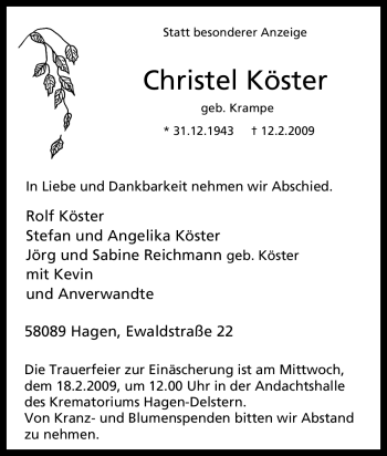 Traueranzeige von Christel Köster von Tageszeitung