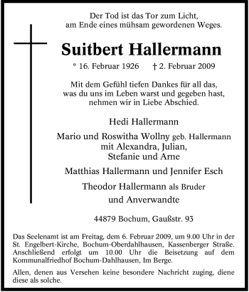 Traueranzeige von Suitbert Hallermann von Tageszeitung