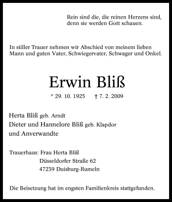 Traueranzeige von Erwin Bliß von Tageszeitung