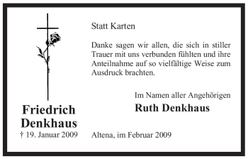 Traueranzeige von Friedrich Denkhaus von Tageszeitung