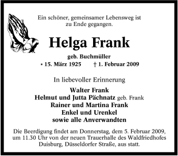 Traueranzeige von Helga Frank von Tageszeitung