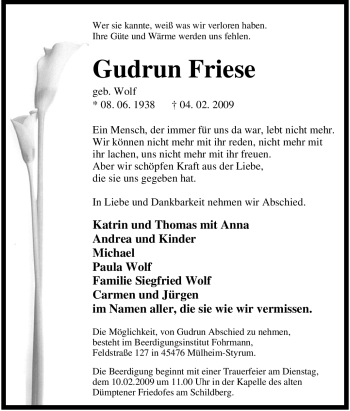 Traueranzeige von Gudrun Friese von Tageszeitung