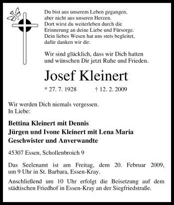 Traueranzeige von Josef Kleinert von Tageszeitung