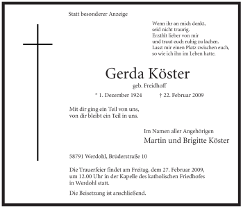 Traueranzeige von Gerda Köster von Tageszeitung