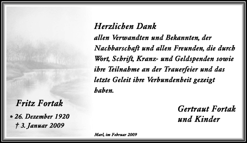  Traueranzeige für Fritz Fortak vom 21.02.2009 aus Tageszeitung