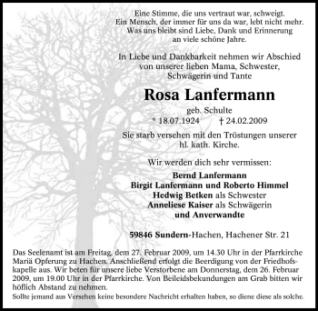 Traueranzeige von Rosa Lanfermann von Tageszeitung