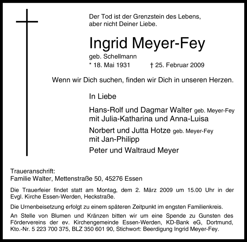  Traueranzeige für Ingrid Meyer-Fey vom 28.02.2009 aus Tageszeitung
