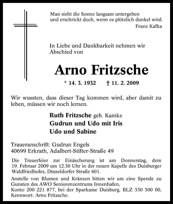 Traueranzeige von Arno Fritzsche von Tageszeitung