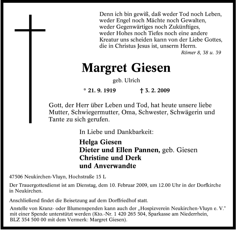  Traueranzeige für Margret Giesen vom 07.02.2009 aus Tageszeitung