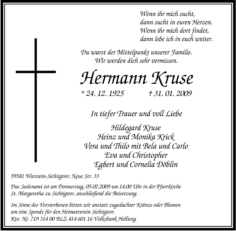  Traueranzeige für Hermann Kruse vom 02.02.2009 aus Tageszeitung