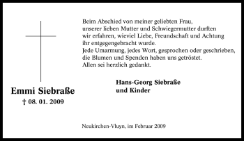 Traueranzeige von Emmi Siebraße von Tageszeitung