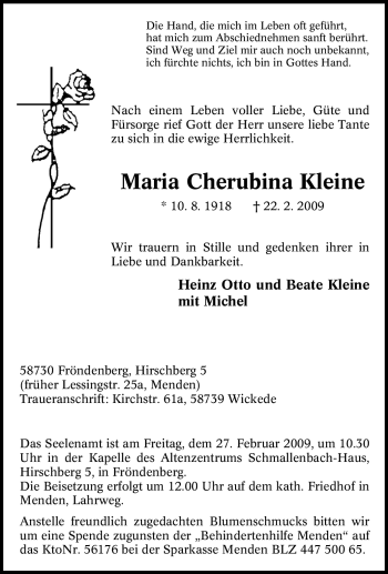 Traueranzeige von Maria Cherubina Kleine von Tageszeitung