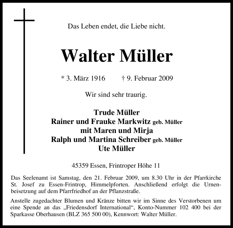  Traueranzeige für Walter Müller vom 14.02.2009 aus Tageszeitung