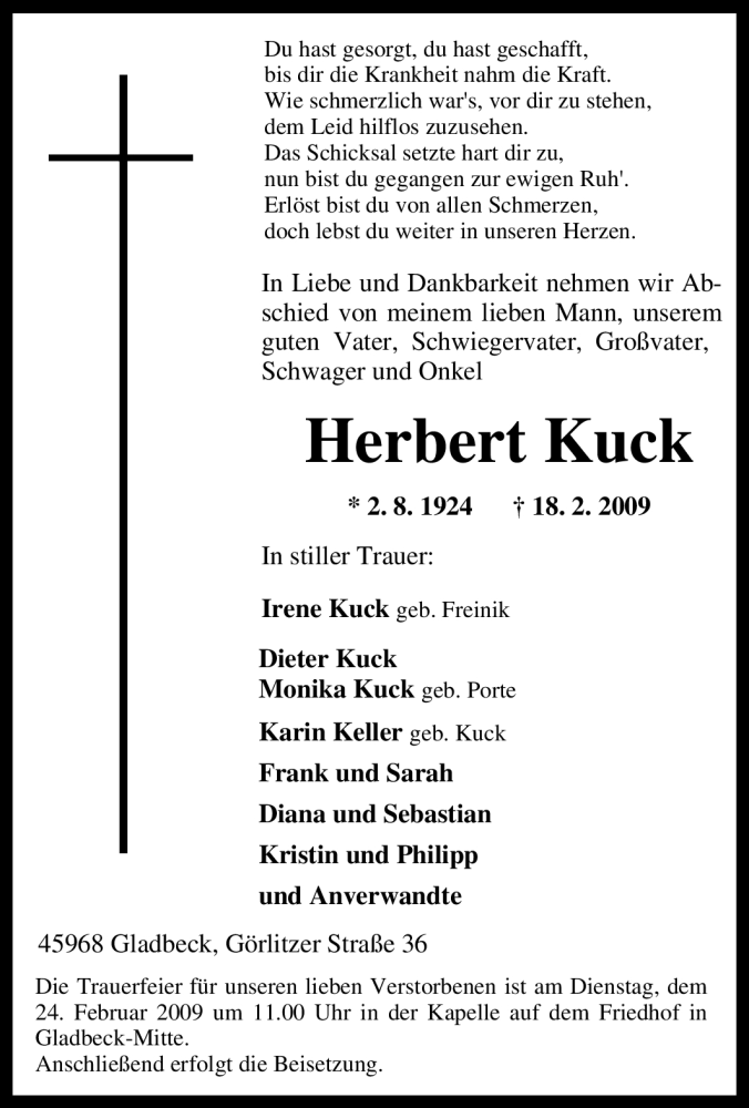 Traueranzeigen von Herbert Kuck | Trauer-in-NRW.de