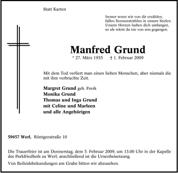 Traueranzeige von Manfred Grund von Tageszeitung