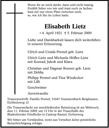 Traueranzeige von Elisabeth Lietz von Tageszeitung