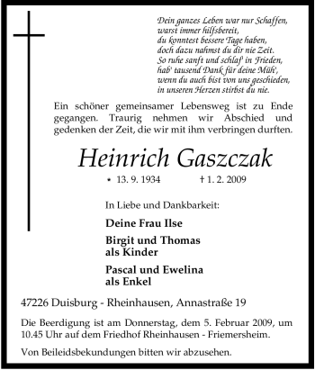 Traueranzeige von Heinrich Gaszczak von Tageszeitung