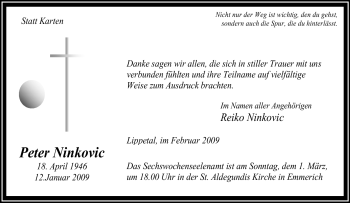Traueranzeige von Peter Ninkovic von Tageszeitung