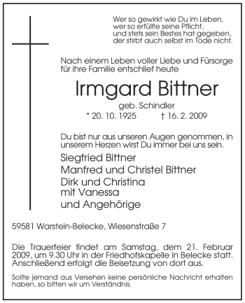 Traueranzeige von Irmgard Bittner von Tageszeitung