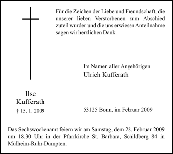 Traueranzeige von Ilse Kufferath von Tageszeitung