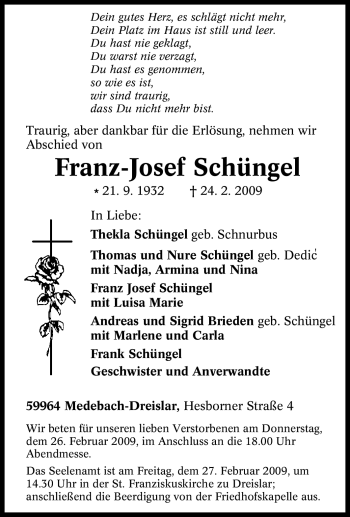 Traueranzeige von Franz-Josef Schüngel von Tageszeitung