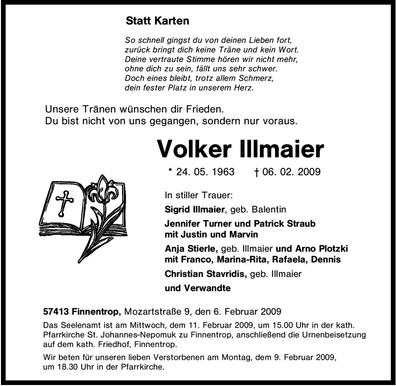  Traueranzeige für Volker Illmaier vom 07.02.2009 aus Tageszeitung