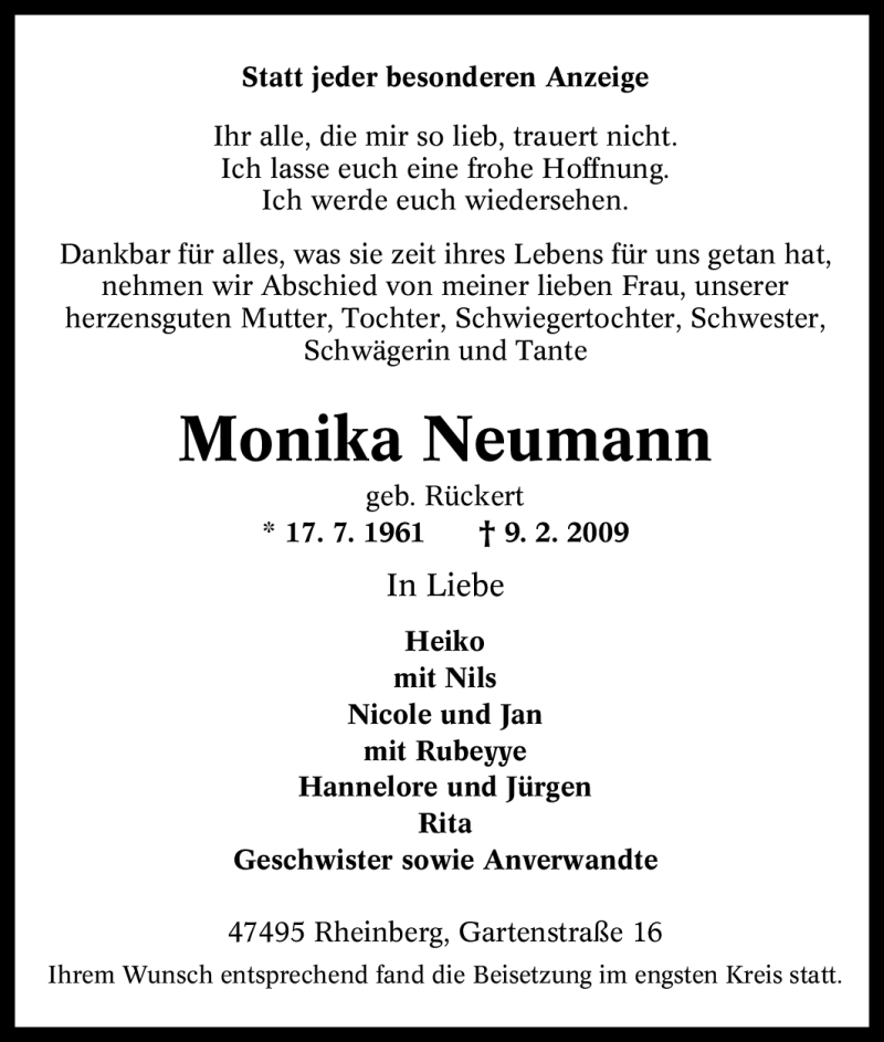  Traueranzeige für Monika Neumann vom 14.02.2009 aus Tageszeitung