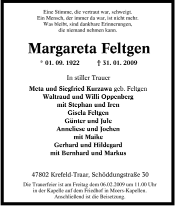 Traueranzeige von Margareta Feltgen von Tageszeitung