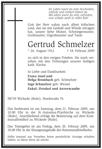 Traueranzeige von Gertrud Schmelzer von Tageszeitung