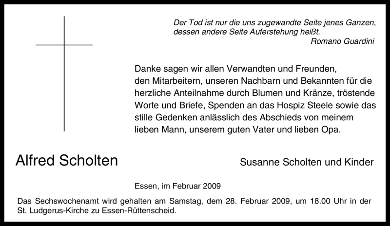  Traueranzeige für Alfred Scholten vom 21.02.2009 aus Tageszeitung
