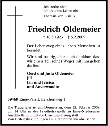 Traueranzeige von Friedrich Oldemeier von Tageszeitung
