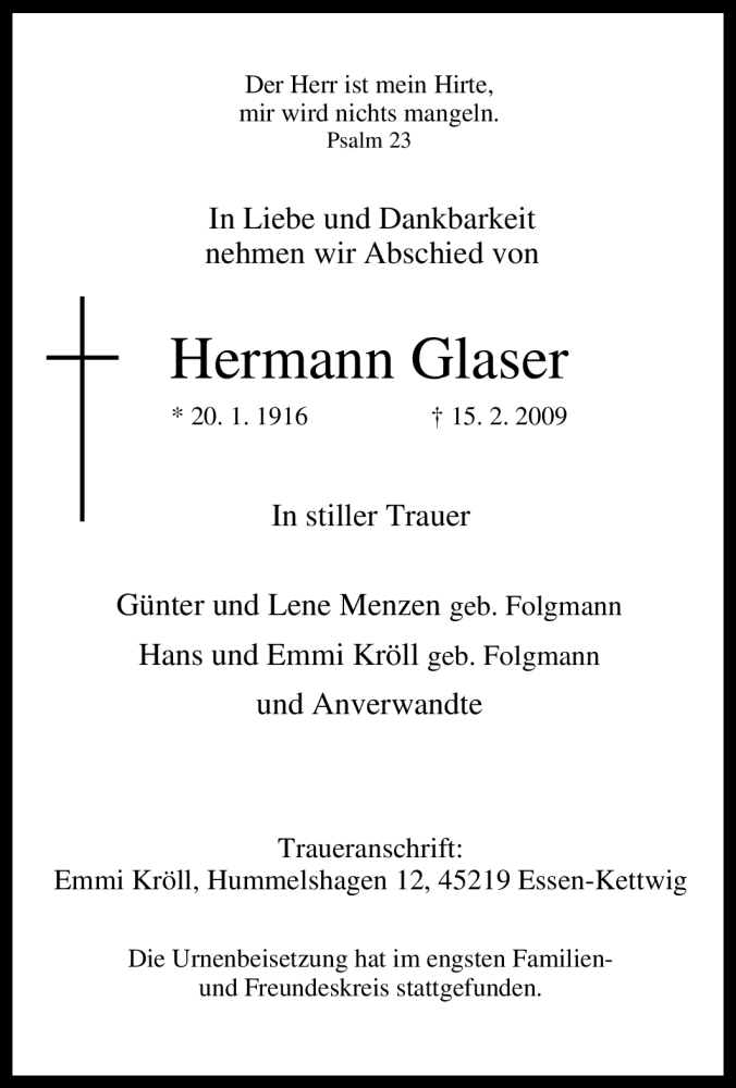  Traueranzeige für Hermann Glaser vom 28.02.2009 aus Tageszeitung