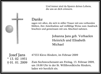 Traueranzeige von Josef Jans von Tageszeitung